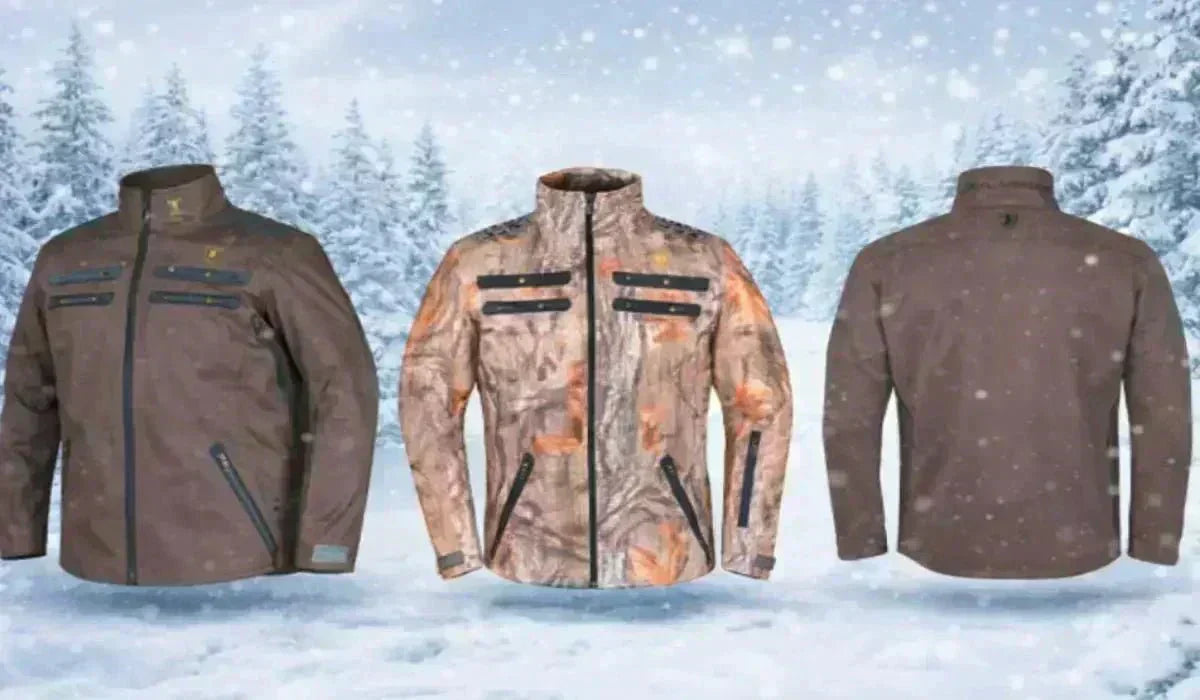 Braune Alpha 6 Jagdjacke für Herren, wasserdicht und atmungsaktiv, Camouflage-Design vor winterlichem Hintergrund