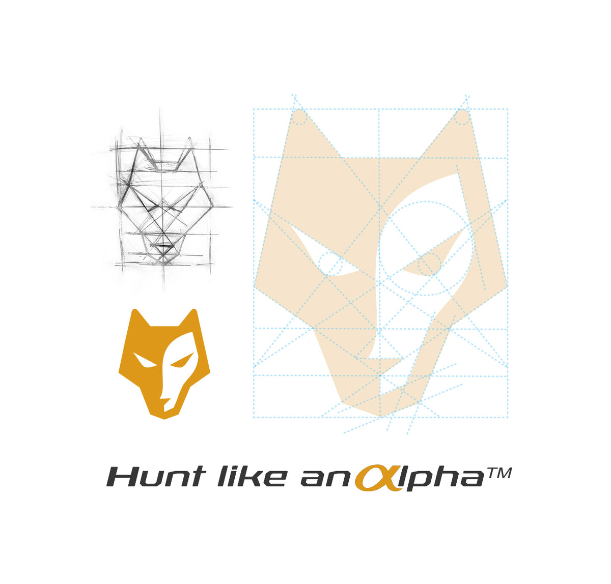 Geometrisches Wolfskopf-Logo in Skizze und Endform. Enthält Rasterrichtlinien und Variationen. Der Text unten lautet „Jagd wie ein Alpha™“.