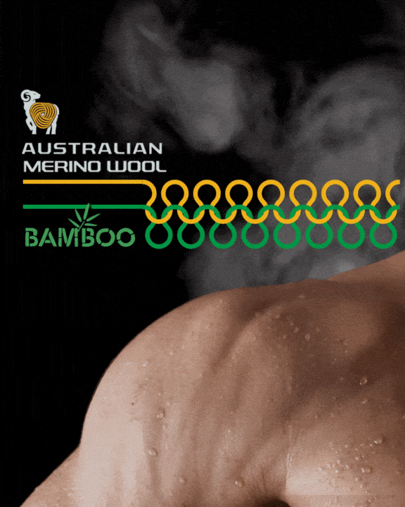 Nahaufnahme eines muskulösen Rückens mit dem Text und Logo „Australian Merino Wool“ oben links. Wellenförmige grüne und goldene Linien durchziehen das Bild und das Wort „Bamboo“ mit einem Bambusmotiv steht in Grün unter dem Logo. Ein dunkler, rauchiger Hintergrund.