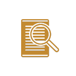 Symbol einer Lupe über einem Dokument. Das Dokument enthält horizontale Linien, die Text darstellen. Das Symbol wird in goldener Farbe auf schwarzem Hintergrund angezeigt.