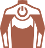 Symbol eines braunen Hemdes mit einem Powerbutton-Symbol auf der Brust und stilisierten Designs auf den Schultern und Ärmeln.