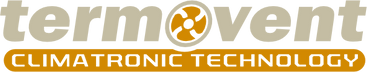 Logo mit dem Text „termovent“ in Beige, mit einem stilisierten Ventilatorsymbol im Buchstaben „o“. Darunter steht auf einem orangefarbenen Banner „CLIMATRONIC TECHNOLOGY“ in weißen Großbuchstaben.