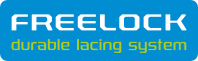 Ein blaues Logo mit dem weißen Text „FREELOCK“ und einem gelben Text darunter, der „langlebiges Schnürsystem“ besagt.