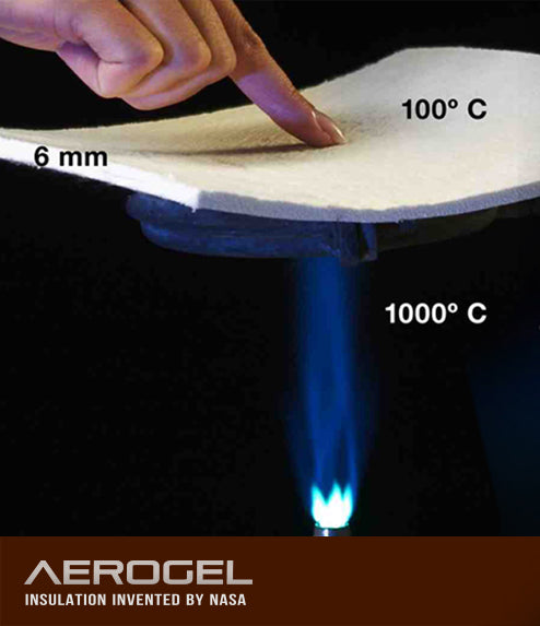 Eine Person berührt mit dem Finger eine 6 mm dicke Aerogelplatte bei 100°C, während die gegenüberliegende Seite einer 1000°C heißen blauen Flamme ausgesetzt ist. Unten steht der Text „Aerogel: Isolierung erfunden von der NASA“.