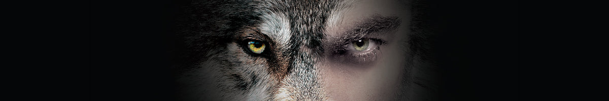 Ein geteiltes Bild, das die linke Hälfte eines Wolfsgesichts mit einem durchdringenden gelben Auge und die rechte Hälfte eines menschlichen Gesichts mit einem ähnlich intensiven Blick zeigt. Beide Augen laufen in der Mitte zusammen, vor einem dunklen Hintergrund.