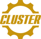 Das Bild zeigt das Wort „CLUSTER“ in fetten, goldenen Buchstaben, positioniert in einem goldenen Zahnradsymbol. Das Zahnrad ist mit abgerundeten Zähnen stilisiert, was das mechanische Thema verstärkt. Der Hintergrund ist weiß.
