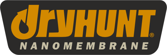 Logo mit dem Wort „DryHunt“ in großem Orange, stilisiertem Text über „Nanomembrane“ in kleinerem weißen Text, alles auf einem dunkelgrauen Hintergrund.