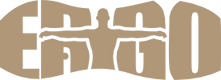 Stilisiertes Logo mit dem Wort „ERGO“ und der in der Mitte integrierten Silhouette einer menschlichen Figur mit ausgestreckten Armen. Das Design ist in hellbrauner Farbe gehalten.