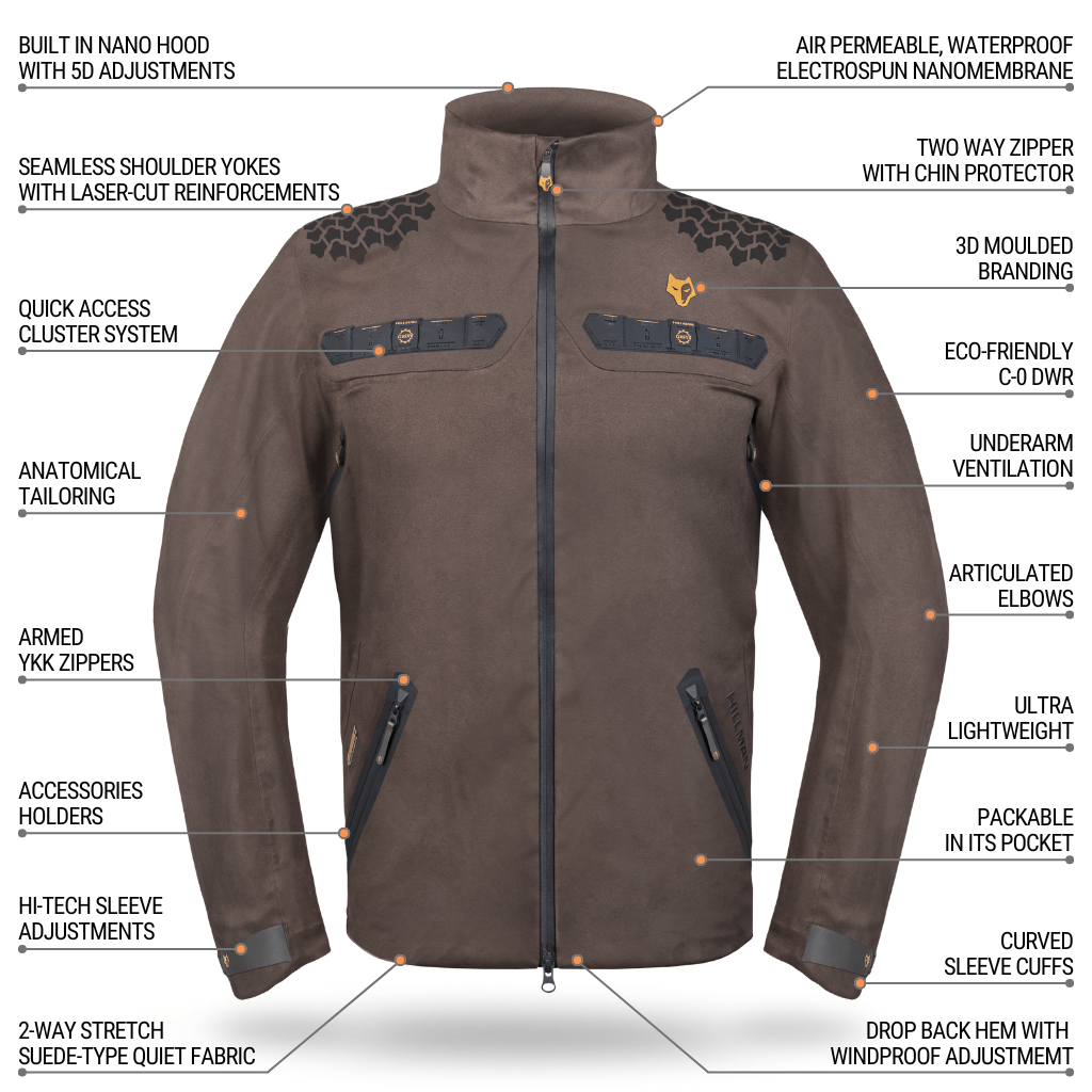 Vorderansicht der Hillman wasserdichte camouflage jagdjacke 5WL Camo. Hervorzuheben sind die Nano-Kapuze, das wasserdichte Material, die zahlreichen Reißverschlüsse, die Zubehörhalterungen, die vorgeformten Ellbogen und die anatomische Schnittführung.
