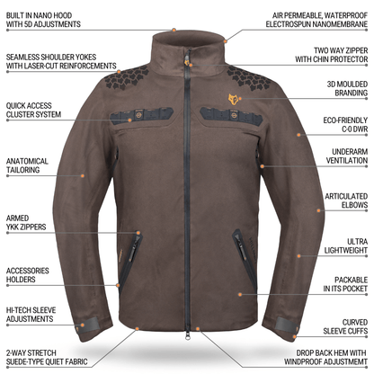 Vorderansicht der Hillman wasserdichte camouflage jagdjacke 5WL Camo. Hervorzuheben sind die Nano-Kapuze, das wasserdichte Material, die zahlreichen Reißverschlüsse, die Zubehörhalterungen, die vorgeformten Ellbogen und die anatomische Schnittführung.