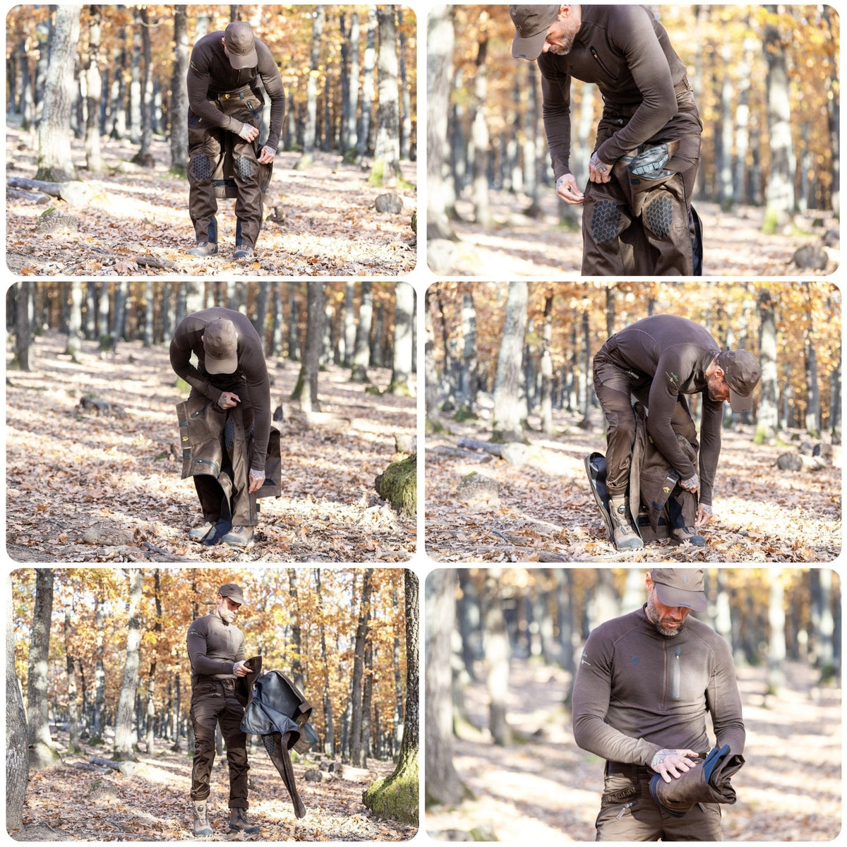 Eine Serie von sechs Bildern zeigt einen Mann im Wald, der seine 5WL Wasserdichte Regenhose – Jagdhose Dornenfest und Wasserdicht von Hillman über braune Kleidung zieht. Er trägt eine Mütze und robuste braune Wanderschuhe, umgeben von gefallenen Blättern und herbstlich gefärbten Bäumen.