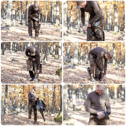 Eine Serie von sechs Bildern zeigt einen Mann im Wald, der seine 5WL Wasserdichte Regenhose – Jagdhose Dornenfest und Wasserdicht von Hillman über braune Kleidung zieht. Er trägt eine Mütze und robuste braune Wanderschuhe, umgeben von gefallenen Blättern und herbstlich gefärbten Bäumen.