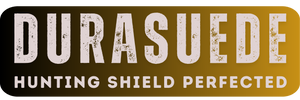 Text mit der Aufschrift „Durasuede: Hunting Shield Perfected“ in fetter, strukturierter Schrift auf einem Hintergrund mit Farbverlauf, der von Schwarz zu Goldbronze übergeht.