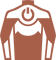 Symbol eines braunen Hemdes mit einem Powerbutton-Symbol auf der Brust und stilisierten Designs auf den Schultern und Ärmeln.