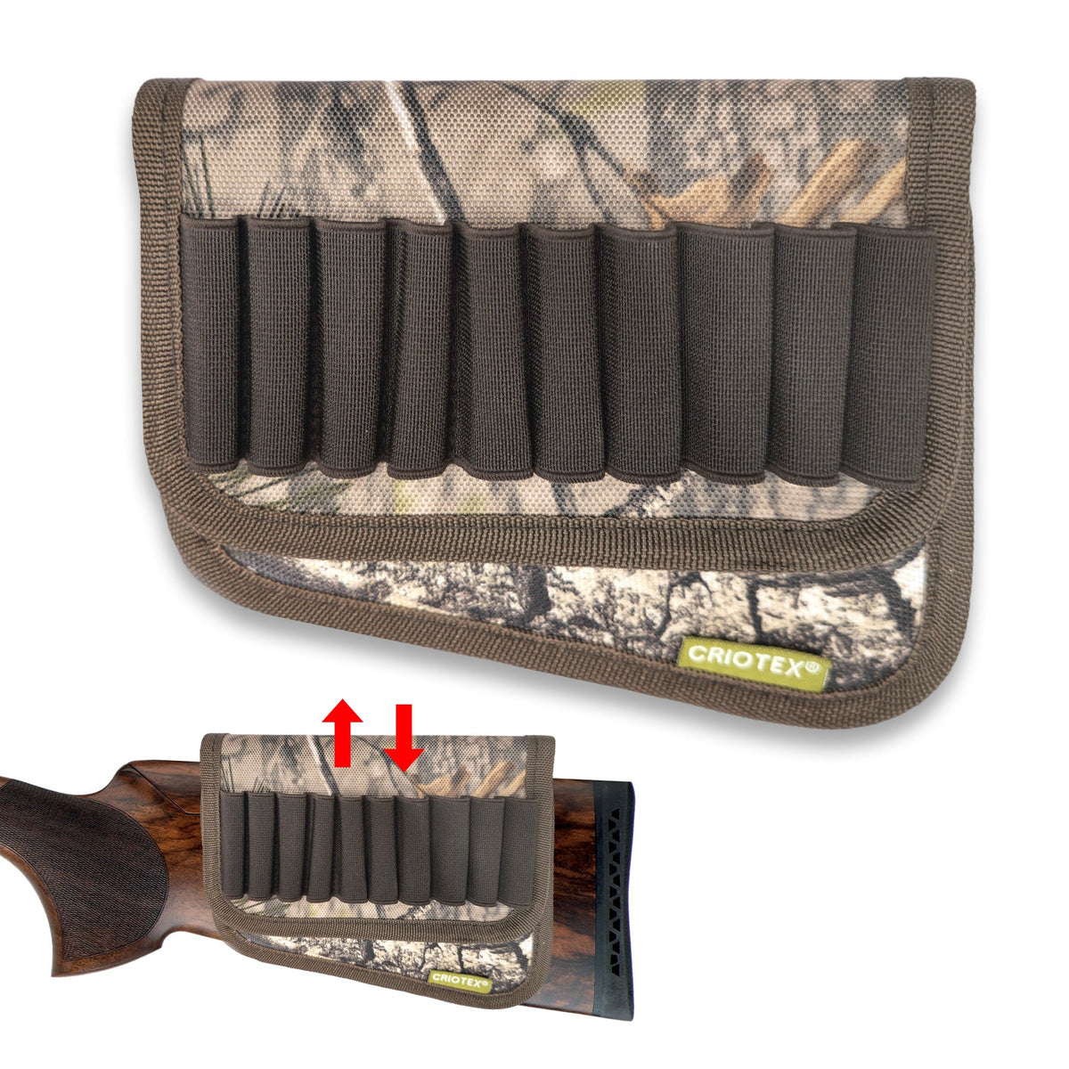Hillman® Schafterhöhung Gewehr Argo - Wangenauflage Gewehr im natürlichen Camouflage-Design mit schwarzem Besatz, gefertigt aus Duratex-Material mit elastischen Schlaufen für den Patronenhalter. Das „CRIOTEX“-Label und die Pfeilabbildung signalisieren die sichere Schaftbefestigung und gewährleisten Kratzschutz.