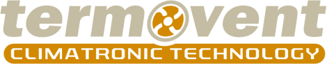 Logo mit dem Text „termovent“ in Beige, mit einem stilisierten Ventilatorsymbol im Buchstaben „o“. Darunter steht auf einem orangefarbenen Banner „CLIMATRONIC TECHNOLOGY“ in weißen Großbuchstaben.