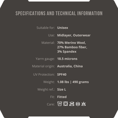 Der 3ML Jagd Hoodie von Hillman, hergestellt mit SYNERTECH™-Technologie, ist eine Unisex-Mittelschicht oder Oberbekleidung. Er besteht aus 70 % Merinowolle, 27 % Bambusfaser und 3 % Elasthan, bietet LSF 40 und eine Garnstärke von 18,5 Mikron und wiegt nur 580 g.
