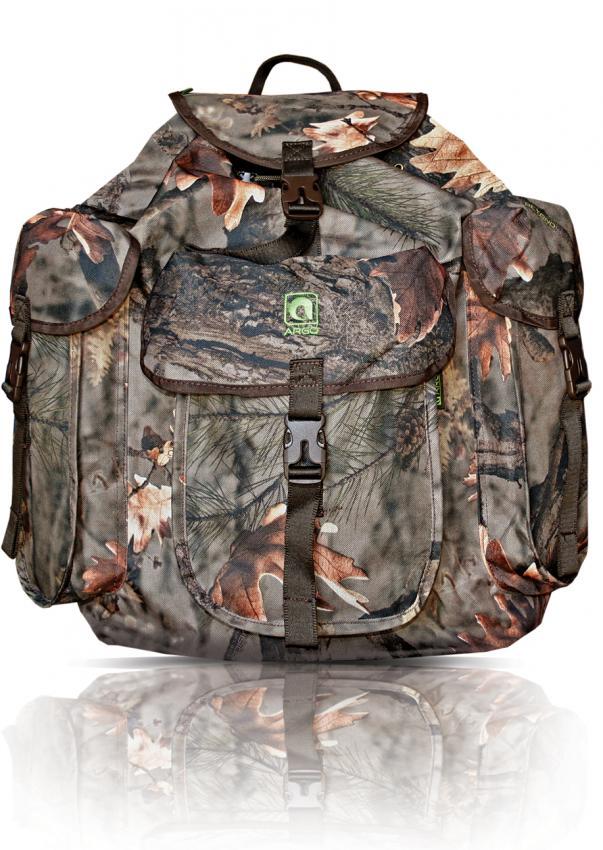 Der Hillman Jagdrucksack Tarnung ARGO® besticht durch sein naturinspiriertes Blatt- und Zweigdesign. Dieser leichte Rucksack aus Dura-tex®-Gewebe verfügt über mehrere Taschen, einen Schnallenverschluss und ein kleines grünes Logo. Er wird aufrecht vor weißem Hintergrund präsentiert.